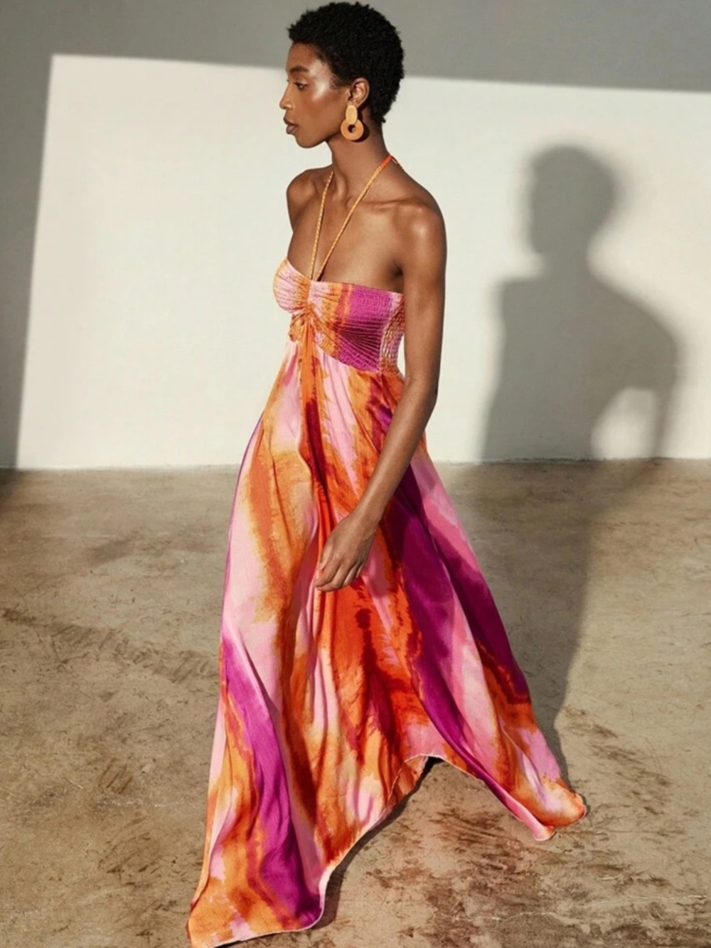 Strapless Pink & Orange Tie-Dye Maxi Dress